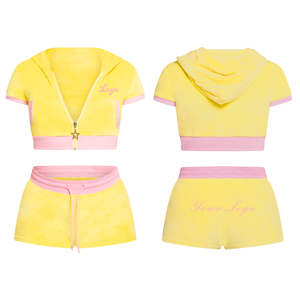 Wholesale Women Custom 2 Piece Shorts Set Custom Logo Cropped Hoodie <b>Velour</b> <b>Tracksuit</b> Streetwear Hoodie Short Set Sweatsuit - Product Image 1