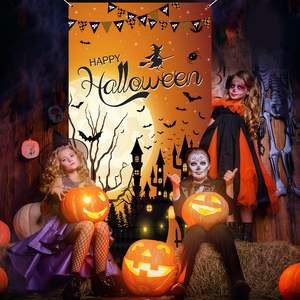 Copertura per Porta di Halloween con Motivi Horror: Zucca, Luna, Notte, Strega, Castello, Pipistrello, <span class=keywords><strong>Sfondo</strong></span> per Feste di Halloween Spaventose, Decorazioni per Interni ed Esterni - Product Image 2