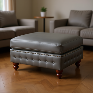 Pouf in Similpelle Grigio Ardesia con Lavorazione Trapuntata e Bordo Decorativo con Borchie, Gambe in Legno, Elegante Sgabello da Cocktail per Soggiorno - Product Image 2