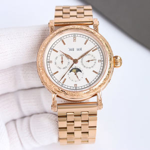 Montre mécanique de luxe à plusieurs cadrans, affichage complet de la date et des phases lunaires, lunette à motif gravé, index sertis de diamants - Product Image 1