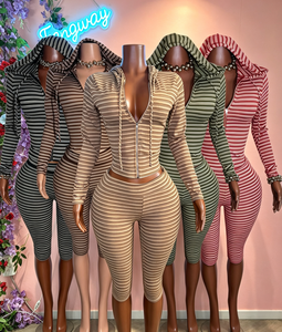 2026 Fall Women Hooded Stretch Stripe <strong>Print</strong> Capris Two Pieces <strong>Set</strong> With Long Sleeve Cardigan +High Waist Capris Leg - Product Image 1