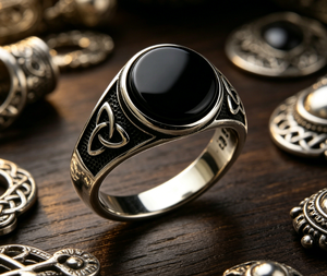 Bague pour homme en acier inoxydable, pierre ronde en onyx noir, design nœud, plaqué argent, bague classique avec pierre précieuse, à porter au quotidien, cadeau - Product Image 2