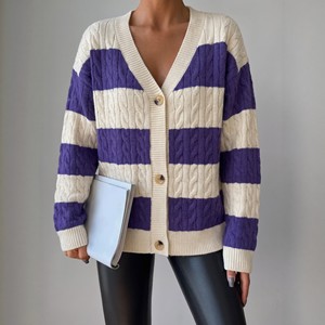 Cardigan en tricot rayé violet, col en V ample, manteau pull pour femme, automne hiver, style élégant pour le quotidien, taille européenne et américaine S M L XL - Product Image 1