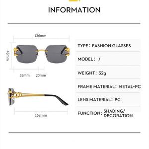 Lunettes de soleil vintage tendance pour hommes et femmes, verres dégradés, monture en alliage, UV400, tête de léopard, sans monture, carrées - Product Image 5