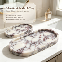 Plateau de toilette ovale en marbre Calacatta Viola, à un seul niveau, sur pied, pour le rangement de bijoux, parfums et cosmétiques, pour salle de bain, hôtel, décoration intérieure