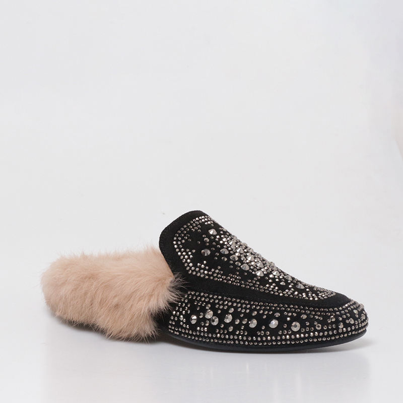 Wetkiss Oem Women Shoes Casual Flat Warm Fur Mules Rabbit Fur Slippers Studded Shoes Black Mules Shoes With Rivets