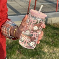 Gobelet en verre borosilicate de 500 ml avec couvercle en bambou et paille en verre, motif imprimé, pour café glacé, emballage en mousse EPE