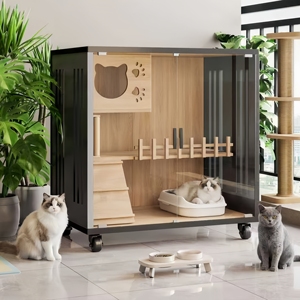Moderne <span class=keywords><strong>extra</strong></span> grote luxe houten kattenhuis buitenverblijf voor huisdieren met ruimte voor een kattenkooi, duurzaam ontwerp, dierenprint - Product Image 6