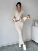 Ensemble 2 pièces pull et jupe en maille col V anti-boulochage à boutons, coupe ample, couleur unie, décontracté, pour femme, en Spandex/Coton – Collection Hiver