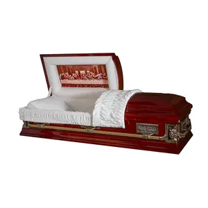 最新のイタリアスタイルクリスチャンソリッドマホガニーハイグロスアーモンドベルベット木製棺と棺