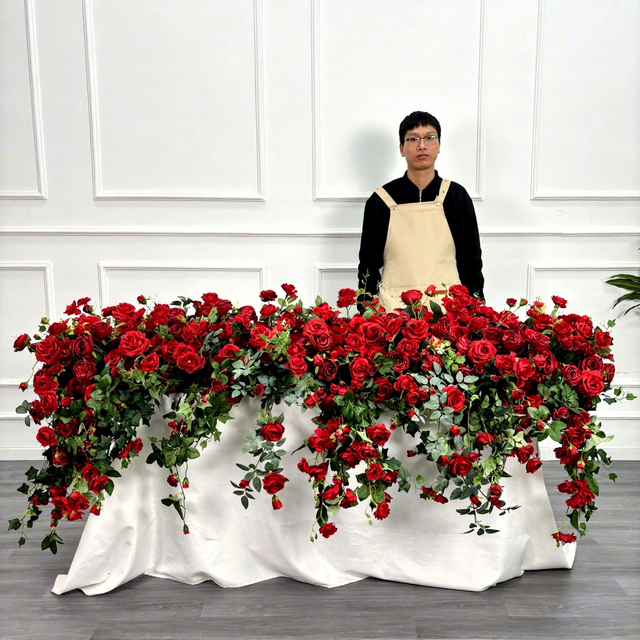DKB Low Price Wholesale Romantic Red Rose and Plant Decoration Artificial Silk Flower Runner  for Wedding Decoration