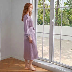 Pigiama da <span class=keywords><strong>donna</strong></span> taglie forti in finta seta viola con bordo in pelliccia, lussuoso e morbido, stile <span class=keywords><strong>accappatoio</strong></span>, comodo per il tempo libero a casa - Product Image 5