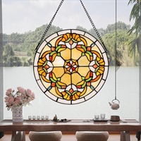 Panneau de fenêtre en verre teinté artisanal, rond, plaqué or, massif, de 12 pouces, pour un style moderne abstrait et écologique, avec crochet à chaîne pour salon
