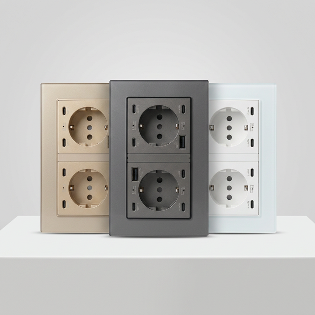 Tempered Glass Double EU Schuko Socket Dual Type C+C USB 16A Industrial & Hospital Use Wall Power Socket