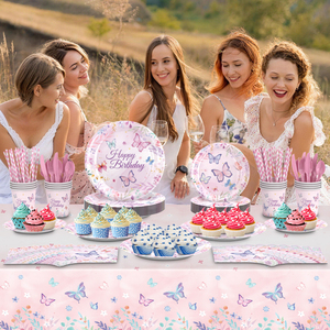 Nouveautés : Vaisselle jetable pour fête d'<span class=keywords><strong>anniversaire</strong></span> d'enfants sur le thème des papillons roses et violets, assiettes en papier, nappe, dessin animé - Product Image 2