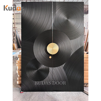 Porte d'entrée principale de luxe en bois massif noir, sculptée en relief 3D circulaire, style Art Moderne, avec poignée ronde personnalisée