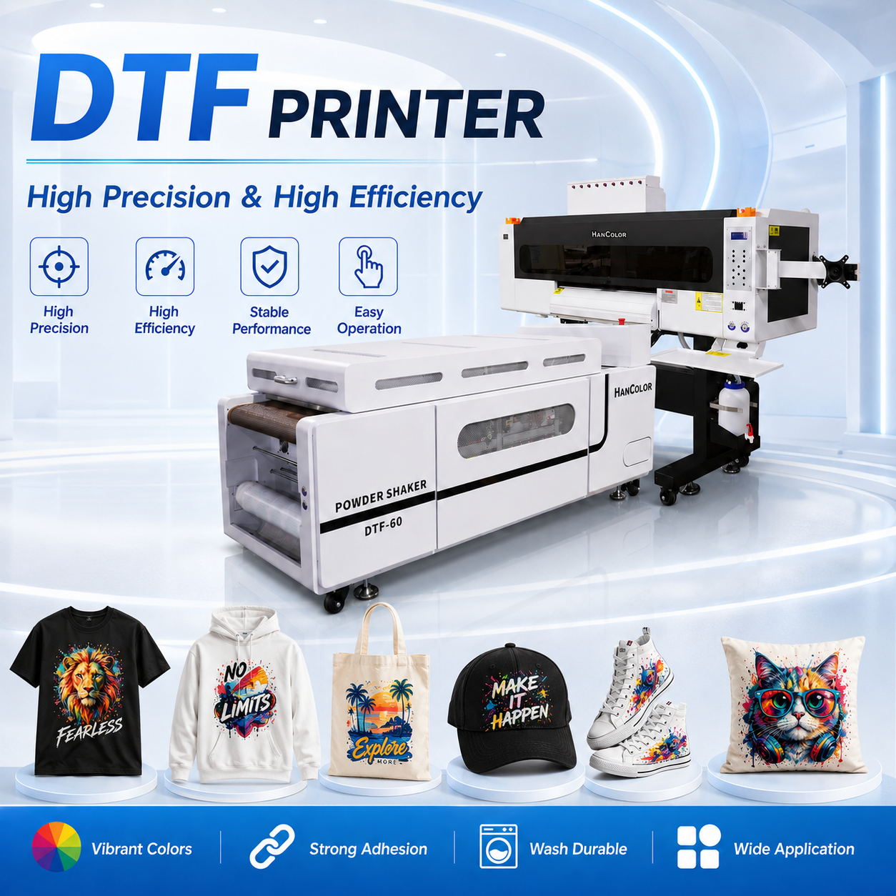 DTF Printer HC-6004 - 60cm DTF printer with 4 Epson i3200 printheads: 15-18 sqm/h, CMYK + White. For medium-volume garment production. CE certified, TOP supplier since 2008.