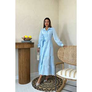 Robe trapèze bleue ceinturée à col, taille naturelle, en tissu tissé respirant, pour usage quotidien décontracté - Product Image 4