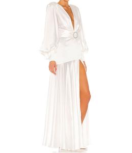 Abito da Sera con Maniche a Sbuffo per Donna, Scollo a V, Spacco Alto, Sexy Abito da Sposa Bianco, Maniche Lunghe, Vestito Lungo in Raso - Product Image 2