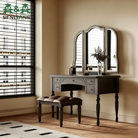 Coiffeuse vintage style américain SLS avec miroir éclairé sculpté, entièrement en bois massif, style campagnard européen pour chambre à coucher