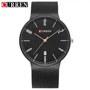 Curren relógio de mão masculino 8257, faça seu próprio relógio de quartzo preto macho pulseira de malha transparente impermeável relógio de mão simples de negócios