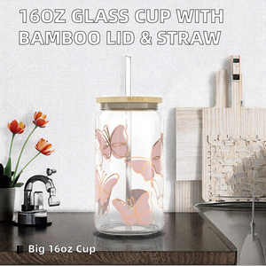 16oz cao thủy tinh Borosilicate cup với nắp tre và sáng tạo bướm loạt rơm phổ biến hàng ngày uống sử dụng Glass drinkware - Product Image 3