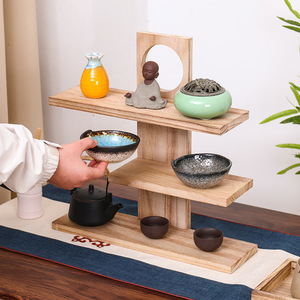 En stock: Estante de escritorio de madera maciza, estante de exhibición antiguo, estante de almacenamiento de tres niveles para tazas de té y juegos de té de madera maciza, estilo retro chino. - Product Image 1
