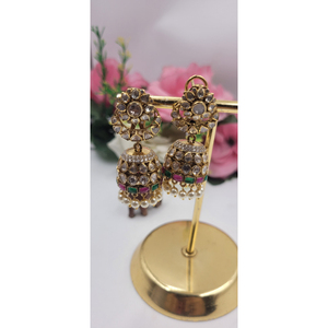 Luxury Handcrafted Kundan Polki Jhumka <b>Earrings</b> set with <b>Emerald</b> Ruby Accents & Pearl Drops Gold Plated Bridal Ethnic <b>Earrings</b> - Product Image 1
