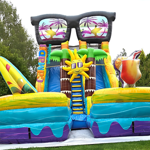 Tobogán Acuático Inflable Comercial <span class=keywords><strong>de</strong></span> PVC para Fiestas al Aire Libre, Temática <span class=keywords><strong>de</strong></span> <span class=keywords><strong>Playa</strong></span> <span class=keywords><strong>con</strong></span> Palmeras, Doble Carril, <span class=keywords><strong>con</strong></span> Dos Piscinas - Product Image 1