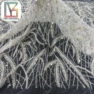 Tessuto in Pizzo Africano di Lusso, <span class=keywords><strong>Tulle</strong></span> <span class=keywords><strong>Bianco</strong></span> con Perline e Paillettes, Tessuto in Pizzo Ricamato per Abiti da Sposa e da Sera - Product Image 3