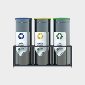 Juego de 3 contenedores de reciclaje cilíndricos de metal BDB con soporte para papel, plástico y vidrio - Product Image 2