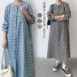 Vestido camisero largo holgado a cuadros para chica, ropa japonesa y coreana