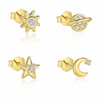 Boucle d'oreille en argent sterling 925 avec étoile de planète dorée CZ, soleil, croissant de lune (unique)