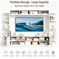 240 cm Weißer Holz-TV-Ständer mit 2 Aufbewahrungsschränken, Präsentationsregalen, Steckdosen und USB-Anschlüssen, Moderne Medienkonsole für 60-64 Zoll Fernseher im Wohnzimmer