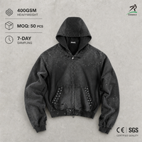 Sweat à capuche zippé RAMAX pour homme, effet vieilli, clouté de rivets, grammage lourd 400 GSM, délavage vintage, style streetwear, coupe ample, personnalisable, vente en gros