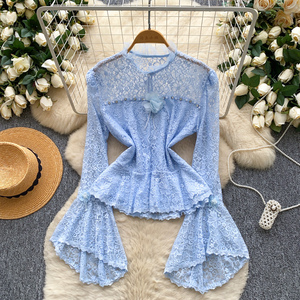 เสื้อลูกไม้ประดับลูกปัดสวยหรูสำหรับผู้หญิง แขนยาวทรงบาน ปลายเสื้อเปปลัม ทรงเข้ารูป เหมาะสำหรับฤดูใบไม้ร่วง - Product Image 4