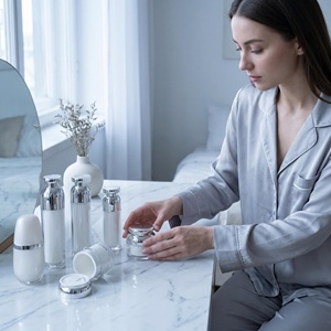 Tarro de Crema Acrílico Blanco Perla con Tapa y Botella de Loción, Prensa al Vacío para Serigrafía, Sin Aire, en Stock - Product Image 2
