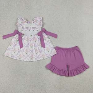 In Stock Toddler Girls "MAMA'S MINI" Purple Tulip Print Ruffle Top & Ruffle Shorts Set Mother's Day Gift - Product Image 2