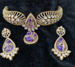 Collier Moissanite Kundan combinaison costume couleur assortie collier de mariage avec boucles d'oreilles - Product Image 1