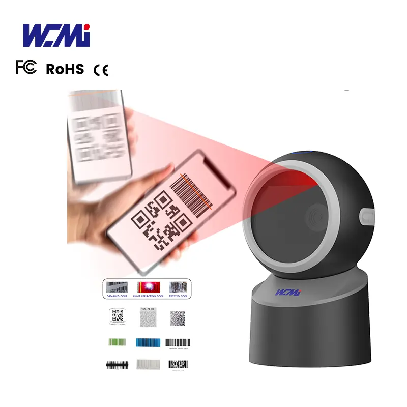 WCMI 1d e 2d Scanner per cavo di codice a barre a mani libere lettore di codici a barre ad alta velocità Scanner Desktop QR 2d funziona con la stampante