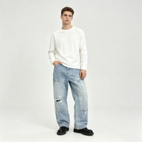 Jean à effet éclaboussures de peinture pour homme, en denim bleu clair délavé, coupe ample à jambe large, avec panneau de poches utilitaires sur la cuisse