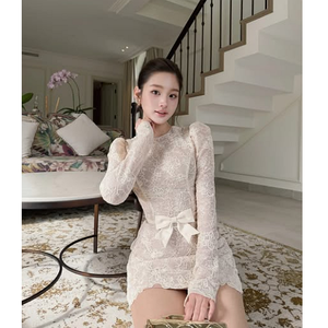 Vestido Mini Elegante de Encaje para Mujer, Manga Larga Abullonada, Lazo Vintage, Vestido de Fiesta y Cóctel, Personalizado 2026, Venta al Por Mayor - Product Image 1