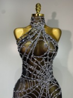 Combinaison moulante en maille sexy à taille haute avec diamants brillants pour femmes, tenue de danseuse de bar de nuit, spectacle, danseuse gogo, scène