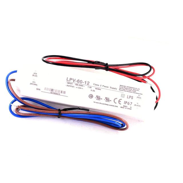 Mean Well LPV-60-12 60W 12V 5A IP67 Waterproof Power Supply for Outdoor LED Light Box & Landscape Lighting, Universal AC Input