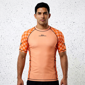 RILL INTERNATIONAL T-shirt de compression à manches courtes pour homme, à carreaux orange, à séchage rapide, pour le sport - Product Image 1