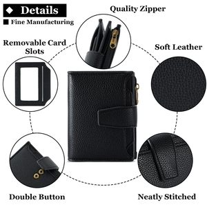 Cartera Bifold de Cuero Negro, Monedero Pequeño con Cremallera, Bloqueo RFID, Tarjetero para Mujer, para Viajes Diarios - Product Image 6
