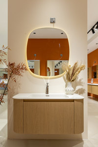 Mueble de Baño Flotante con Bordes Curvos en Madera de Roble, Gabinete de Pared con <span class=keywords><strong>Espejo</strong></span> LED Irregular, Entrega Rápida - Product Image 6