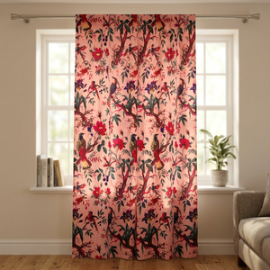 Tela de terciopelo de algodón estampada a mano con diseño de pájaros color melocotón para tapicería y decoración, se vende por yarda. - Product Image 2