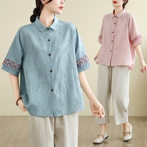 Blus Katun Linen Bordir Bunga Musim Panas 2026, Gaya Korea Chic, Elegan untuk Wanita Paruh Baya, Ukuran Besar, Model Longgar - Product Image 1
