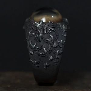 Bague personnalisable vintage en alliage foncé avec motif œil de corbeau et œil de Dieu, en verre, pour l'index, à ouverture réglable - Product Image 5